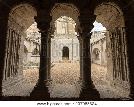 MONTMAJOUR FRANCE - JUNE 26 2017: Cloisters in the Abbey of St. Peter in Montmajour near Arles France