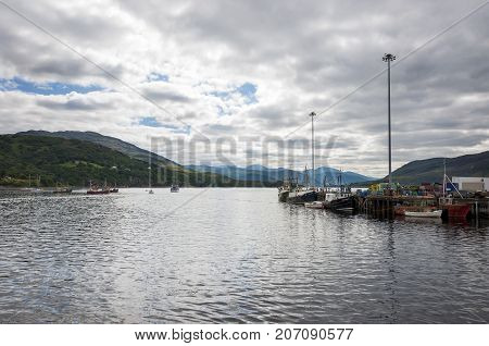 Ullapool Scotland - August 15 2010: View of the fishing port of Ullapool in the Highlands in Scotland United Kingdom