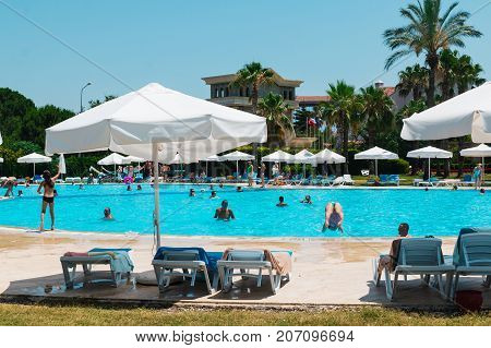Side, Turkey - June, 26, 2017: The pool and the people at the hotel Cesar Palace in Side