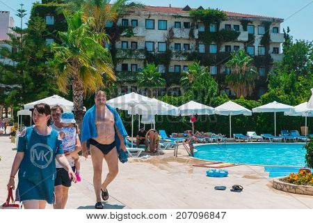 Side, Turkey - June, 26, 2017: The pool and the people at the hotel Cesar Palace in Side