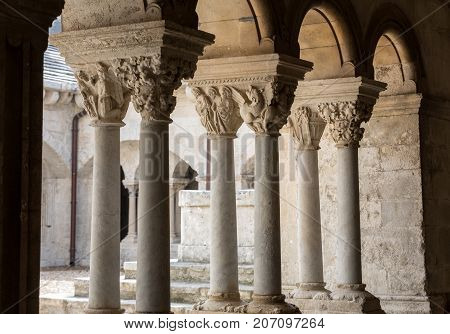 MONTMAJOUR FRANCE - JUNE 26 2017: Romanesque capitals of the columns in the cloisters of the Abbey of Montmajour near Arles France