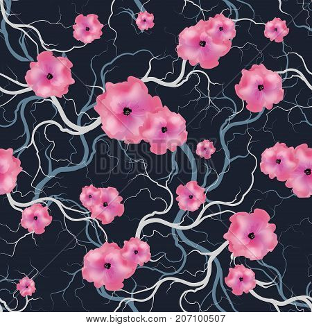 Vintage foral seamless pattern with branch and spring flowers