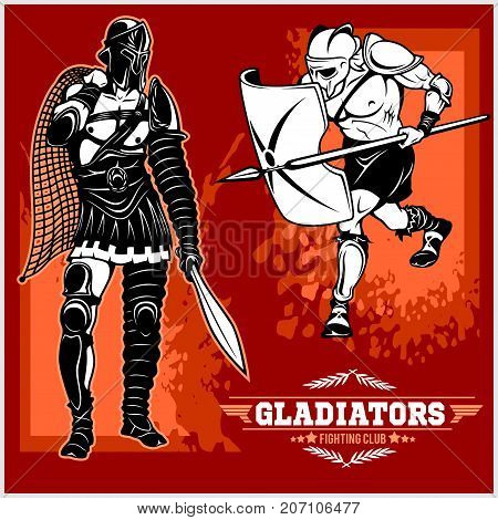 Set of gladiators on red background. Vector illustration.