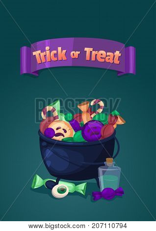 Trick or treat. Halloween banner. Vector illustration in cartoon style with magic cauldron and sweets.