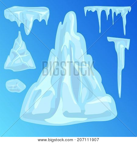 Set of ice caps seasonal style sharp frozen icon. Snowdrifts icicles and elements winter decor vector illustration. Transparent arctic snowy cold water decoration.