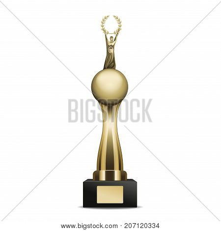 Golden trophy cup with laurel wreath and human on planet. Vector illustration of realistic trophies isolated on white. Gold reward on black base with nameplate. Cartoon style flat graphic design.