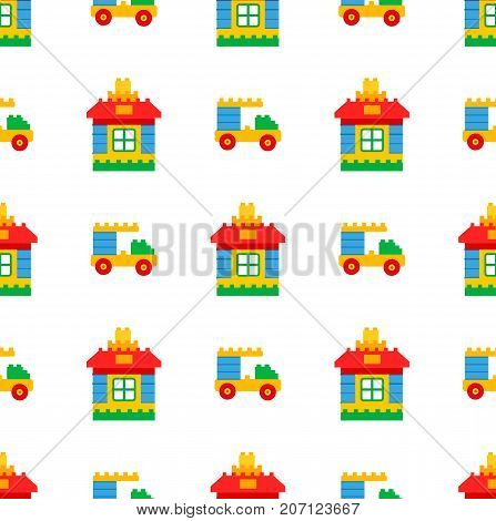 Colorful house and vehicle constructor in colored squares seamless pattern vector illustration. Wallpaper design with toys for children