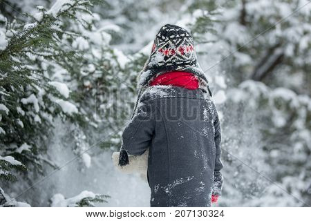 Sad Lost Child, Boy In A Forest With Teddy Bear, Wintertime