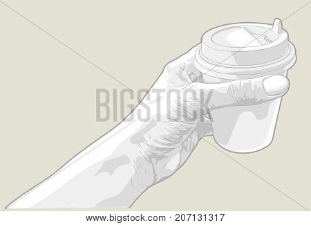 Hand drawn sketch of a hand holding paper cup of coffee