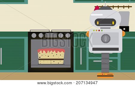 Household robot baking cake at kitchen. Personal robot chef futuristic concept illustration vector.