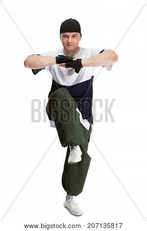 Hip-hop dancer, isolated on white with clipping pach. Studio shoot.