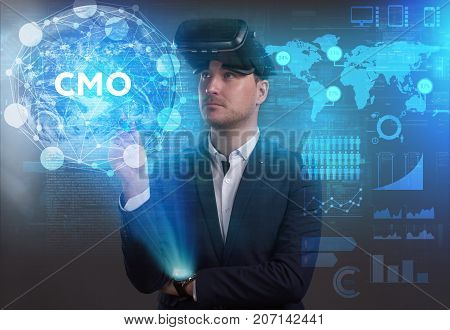 Business, Technology, Internet And Network Concept. Young Businessman Working On A Virtual Screen Of