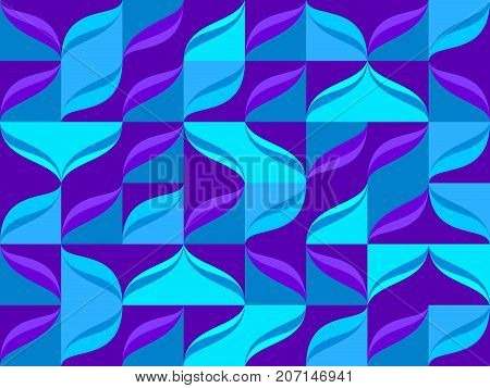 Seamless pattern from blue color tiles and waves background. Abstract vector blue waves motion pattern from square tiles illustration.