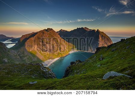 Kvalvika and Vestvika in Flakstad island. Shot from Mt. Ryten