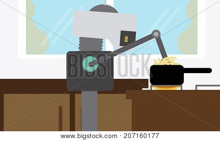Household robot preparing noodles at kitchen. Personal robot chef futuristic concept illustration vector.