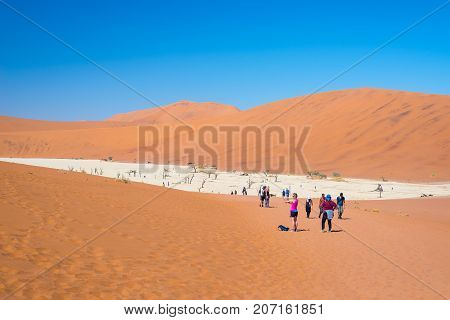 Group Of Tourist At Sossusvlei, Namib Naukluft National Park, Travel Destination In Namibia.
