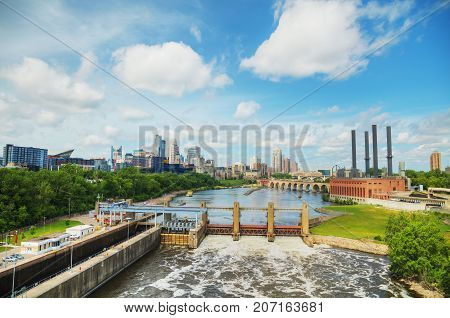 Downtown Minneapolis Minnesota with Mississippi river in the morning