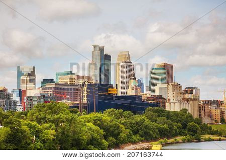 Downtown Minneapolis Minnesota with Mississippi river in the morning