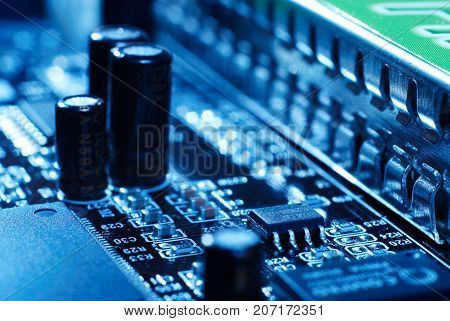 Microprocessor with motherboard background. Computer board chip circuit. Microelectronics hardware concept. electronic device.