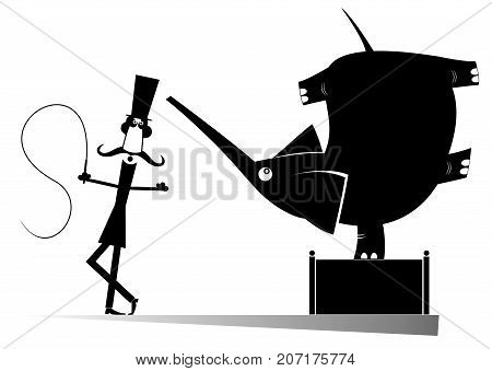 Cartoon tamer and elephant in the circus black original art silhouettes. Tamer and elephant in the circus black on white illustration isolated