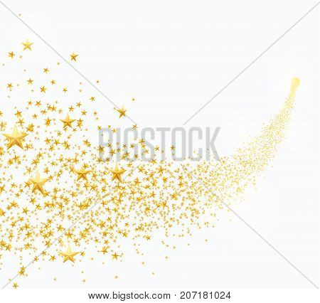 Vector illustration of abstract falling golden stars, dust. Shooting star with rounded trail isolated on white background. Meteor, comet, asteroid