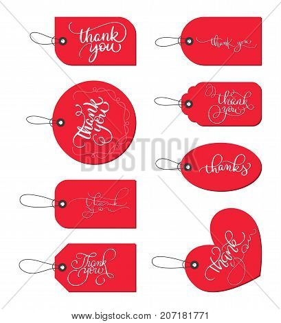 Collection set of red paper gift tags with text Thank you. Calligraphy lettering hand made text. Vector illustration EPS10.