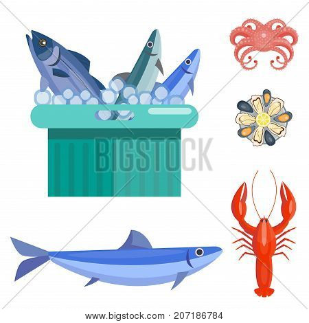 Fresh seafood flat vector illustration fish gourmet delicious restaurant cooking gourmet sea food meal. Marine appetizer prepared tasty mediterranean cuisine.