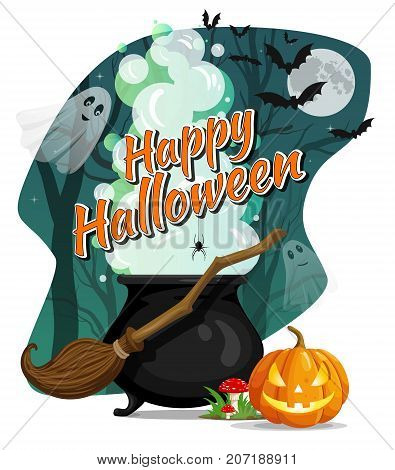Happy Halloween. Vector flyer. Witcher cauldron with magic potion and steam in creepy dark forest with ghosts. Flying witches broom amanita and pumpkin