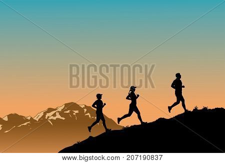 Group of young people running at sunset.