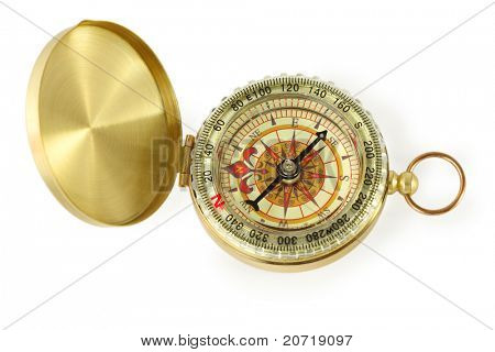 красивый золотой компас с черным иглы, изолированные на белом