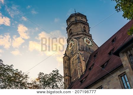 Stuttgart Stiftskirche Sunset Blue Orange Clouds Around Tower Steeple Catholic Church European Archi