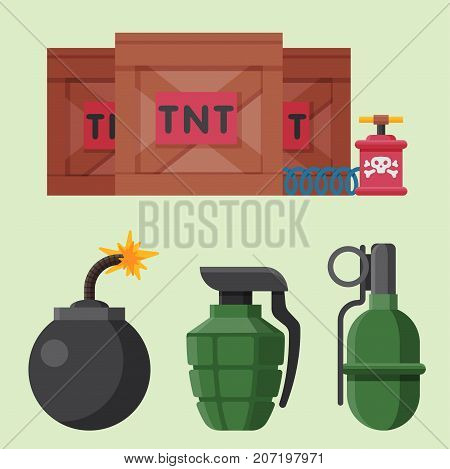 Bomb dynamite fuse vector illustration. Grenade attack power ball burning detonation. Explosion fire military destruction design aggression object.