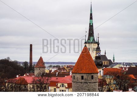 the center of the European city - Church of St. Olav Tallinn and views of the Old Town with the Upper Town