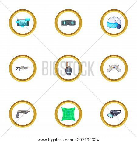 Virtual reality equipment icons set. Cartoon style set of 9 virtual reality equipment vector icons for web design