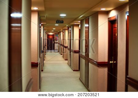 Empty corridor of modern hotel. Interrior of modern tourist hotel.
