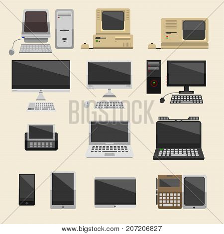 Computer desktop technology vector isolated display. Telecommunication equipment metal pc monitor frame modern office network. Laptop device electronic space.