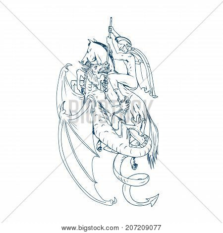 Drawing sketch style illustration of St. George riding horse steed about to Slay Dragon with spear on isolated background.