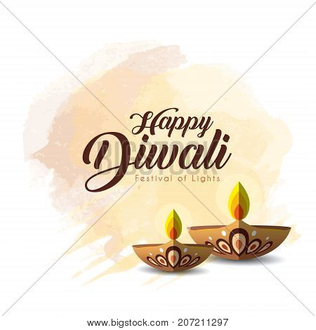 Diwali or Deepavali greetings template with beautiful burning diwali diya (india oil lamp) on brown watercolor background. Festival of Lights celebration vector illustration.