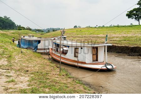 Boca de valeria Brazil - December 03 2015: two boats on river water on natural background. Travel and travelling concept