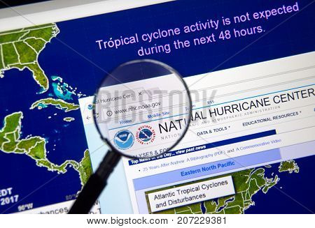 MONTREAL CANADA - OCTOBER 2 2017: Web page of National Hurricane Center. The National Hurricane Center is co-located with the National Weather Service Miami-South Florida Weather Forecast Office