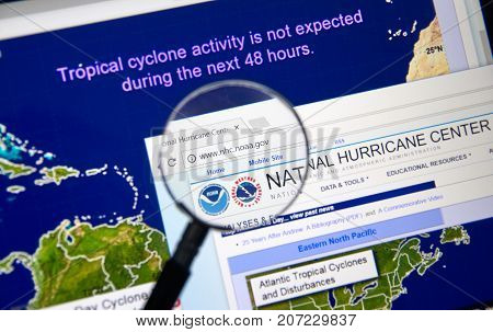 MONTREAL CANADA - OCTOBER 2 2017: Web page of National Hurricane Center. The National Hurricane Center is co-located with the National Weather Service Miami-South Florida Weather Forecast Office