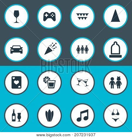 Elements Cocktail, Poker, Guest And Other Synonyms Bikini, Note And Flags.  Vector Illustration Set Of Simple Banquet Icons.