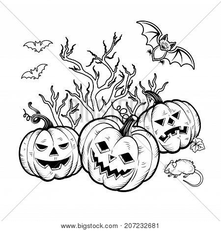Set of Halloween Characters pumpkins, witches silhouette, bats, cauldron, spiders and web, cat with violin, evil-boding trees, zombie hand, headstones, crow owl mouses