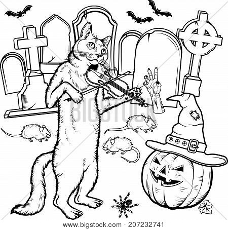 Set of Halloween Characters pumpkins, witches silhouette, bats, cauldron, spiders and web, cat with violin, evil-boding trees, zombie hand, headstones, crow owl mouses