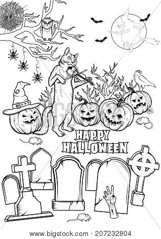 Set of Halloween Characters pumpkins, witches silhouette, bats, cauldron, spiders and web, cat with violin, evil-boding trees, zombie hand, headstones, crow owl mouses