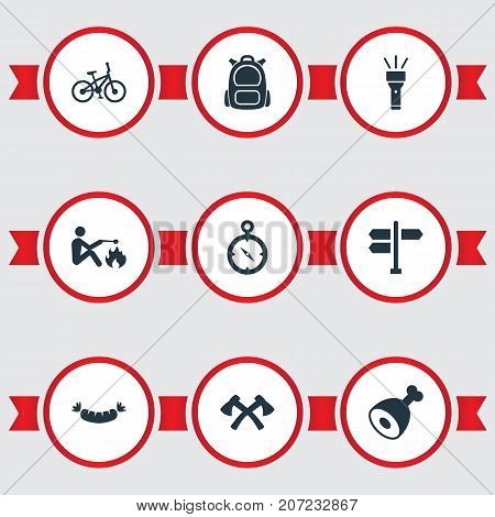 Elements Chronometr, Bicycle, Barbecue And Other Synonyms Crossed, Street And Trip.  Vector Illustration Set Of Simple Camp Icons.