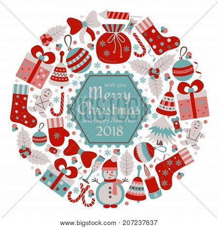 Christmas greeting card with text Merry Xmas and many winter doodle toys. Vector illustration.