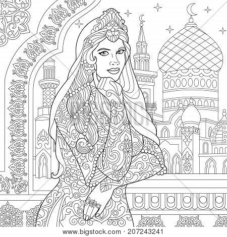 Coloring page of turkish woman. Islamic filigree decor arabic mosque crescent moons and stars on the background. Freehand sketch drawing for adult antistress coloring book in zentangle style.