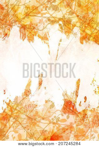 An autumn background with vibrant watercolor leaves and a white brush stroke for copy space. A vertical A4, A5 or like poster, invitation, or greeting card design template with a place for text