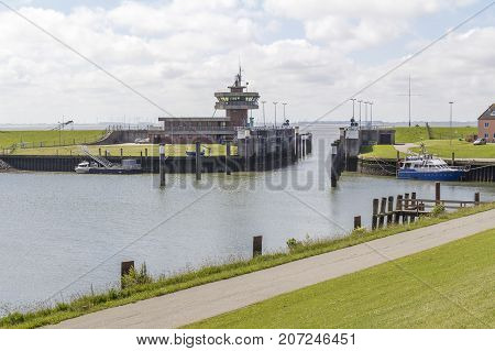 watergate near Buesum around Dithmarschen in Schleswig-Holstein located in Germany
